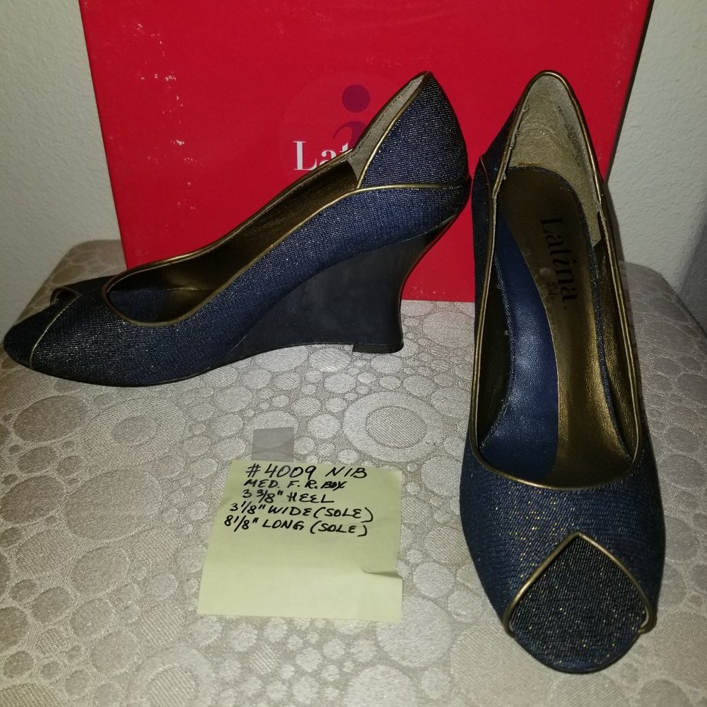 4009 NIB Latina Denim Peep Toe Wedges 7.5, 3 3/8"